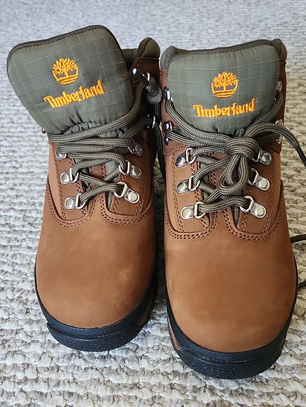 Timberland Brown Leather Boots with Olive Tongue and Yellow Logo
